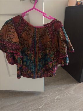 FARM Rio Multi-Color Embroidered Flutter-Sleeve Top